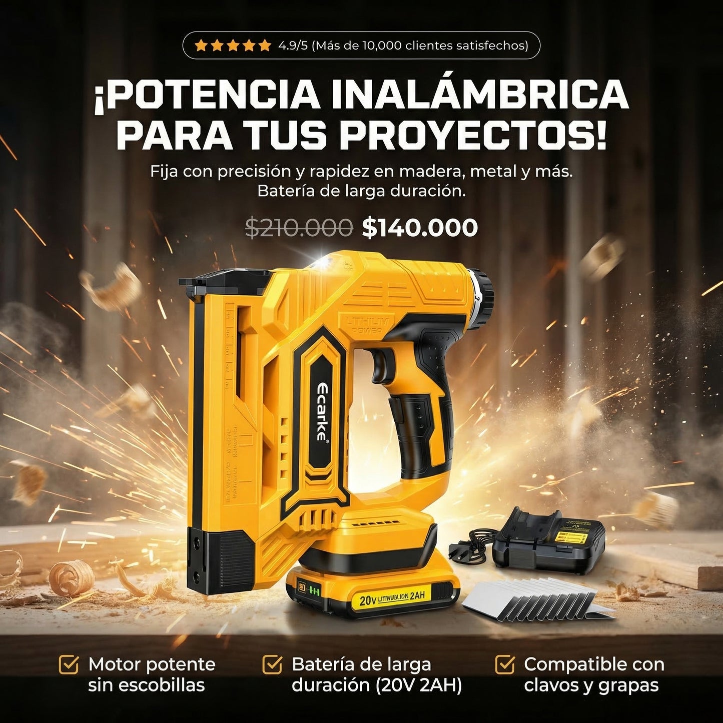CLAVADORA ELÉCTRICA PROFORCE 20V + SET DE 500 CLAVOS DE PRECISIÓN